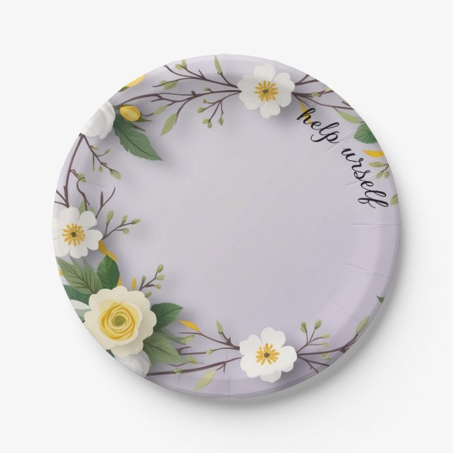 lavender white floral cute beautifu lPaper Plate (Front)