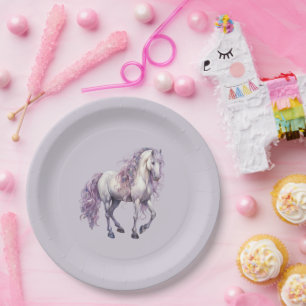 Lavender White Floral Horse Birthday Paper Plate