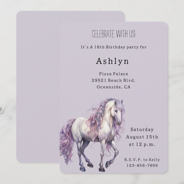 Lavender White Floral Horse Cowgirl Birthday   Invitation (Front/Back)