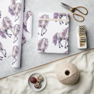 Lavender White Floral Horse Cowgirl Birthday Wrapping Paper