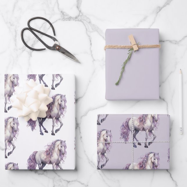 Lavender White Floral Horse Cowgirl Birthday Wrapping Paper Sheet (Front)