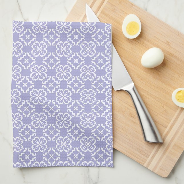 Lavender & White Floral Lattice Pattern Tea Towel (Quarter Fold)