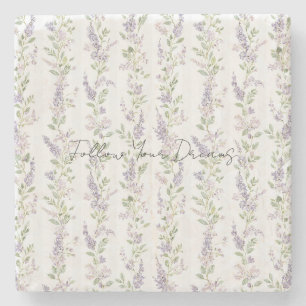 Lavender White Floral Stripes Stone Coaster