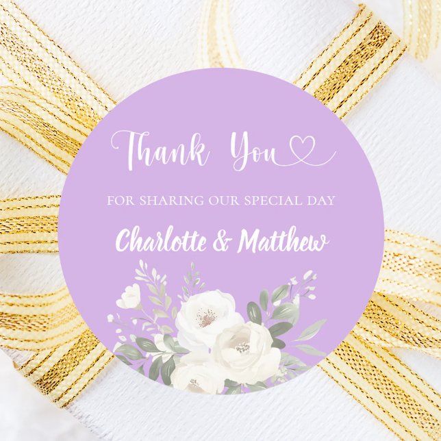 Lavender white florals heart thank you wedding classic round sticker (Creator Uploaded)
