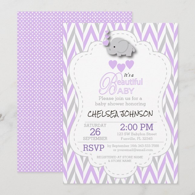 Lavender, White & Grey Elephant Baby Shower Invitation (Front/Back)