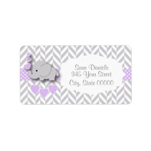 Lavender, White Grey Elephant Baby Shower Label