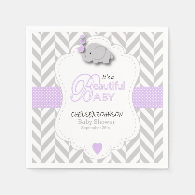Lavender, White Grey Elephant Baby Shower Napkin (Front)