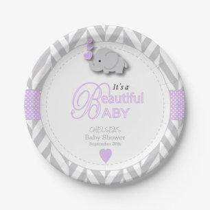 Lavender, White Grey Elephant Baby Shower Paper Plate