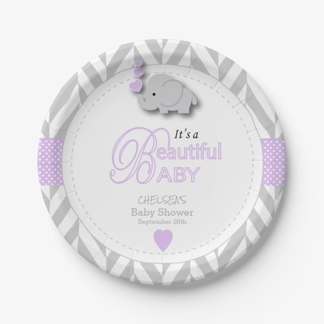 Lavender, White Grey Elephant Baby Shower Paper Plate (Front)