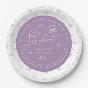 Lavender White Hand Drawn Grad Party Paper Plate