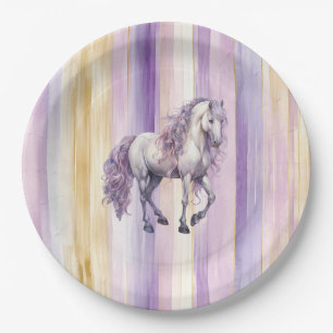 Lavender White Horse Stripes Birthday Paper Plate