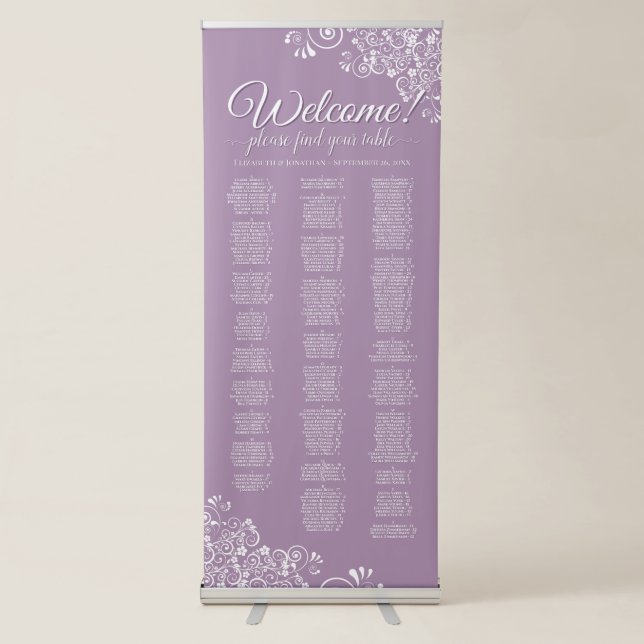 Lavender & White Lace Alphabetical Seating Chart Retractable Banner (Front)