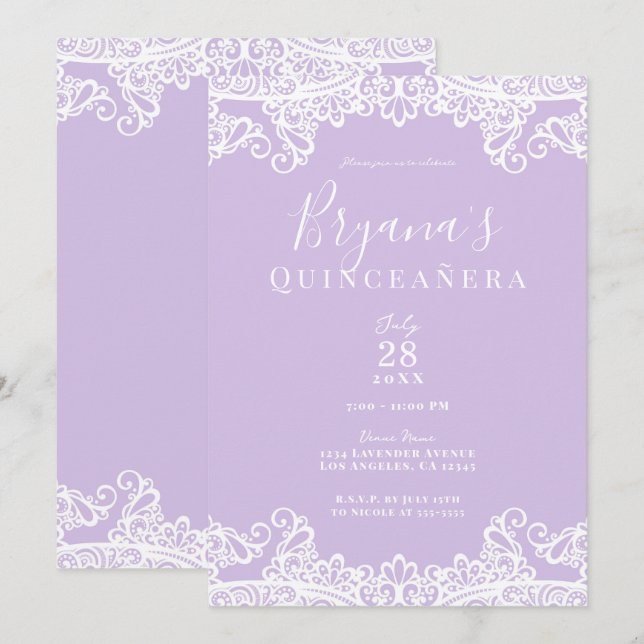 Lavender & White Lace Elegant Quinceañera Party   Invitation (Front/Back)