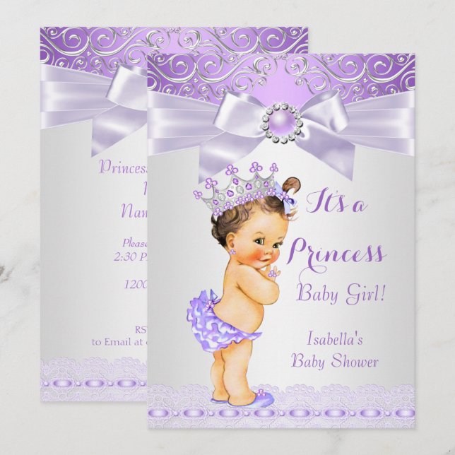Lavender White Lilac Princess Baby Shower Brunette Invitation (Front/Back)