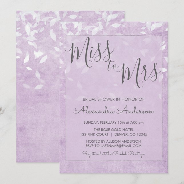 Lavender & White Miss to Mrs Bridal Shower Invitation (Front/Back)