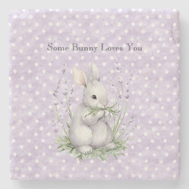 Lavender White Polka Dots Bunny Rabbit Love Stone Coaster (Front)