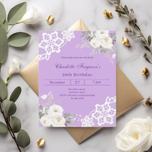 Lavender white roses lace birthday invitation