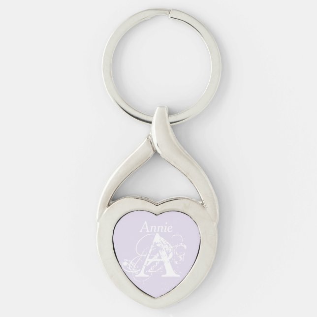 Lavender White Script Elegant Modern Name Monogram Key Ring (Front)