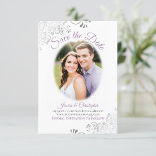 Lavender & White Simple Elegant Wedding Oval Photo Save The Date