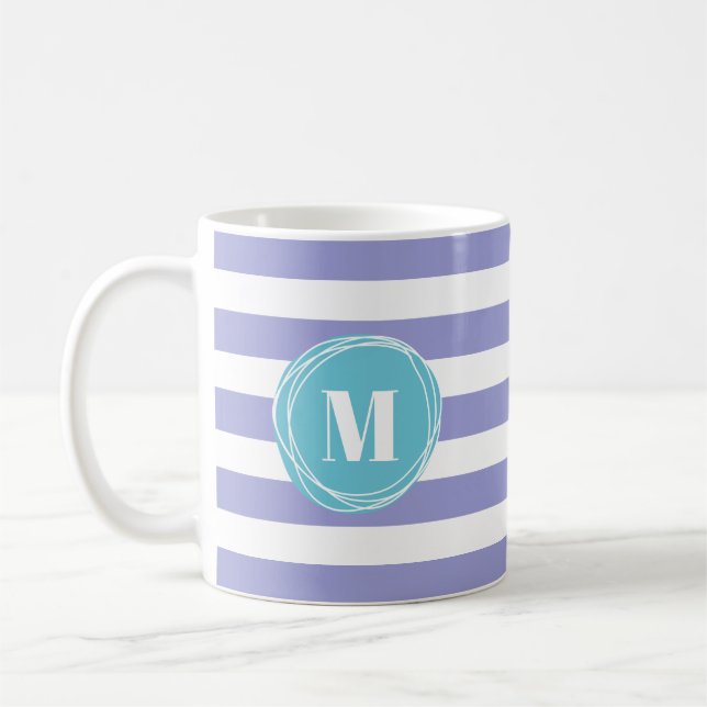 Lavender White Stripes Monogram Coffee Mug (Left)
