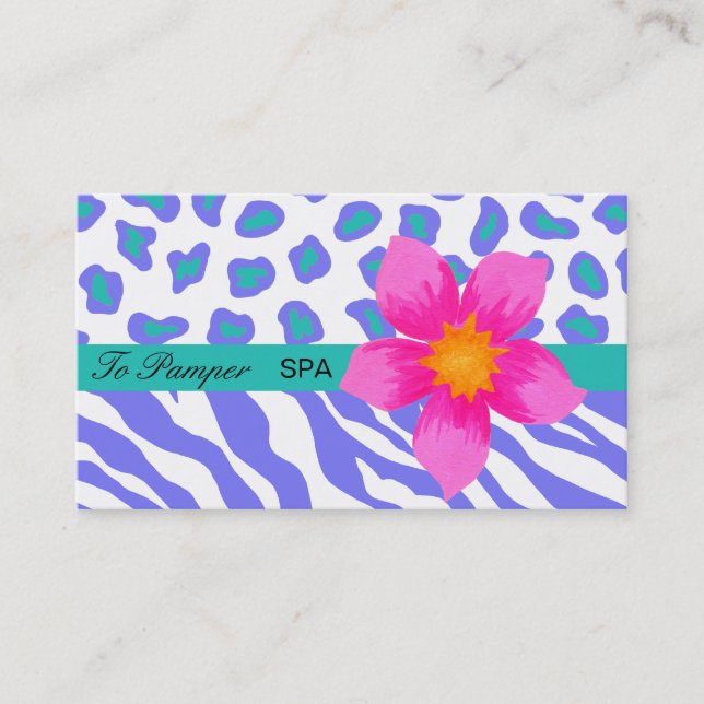 Lavender, White, Teal Floral Zebra & Cheetah Skin Business Card (Front)