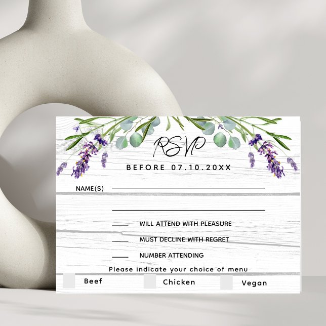 Lavender white wood wedding menu RSVP response (Creator Uploaded)