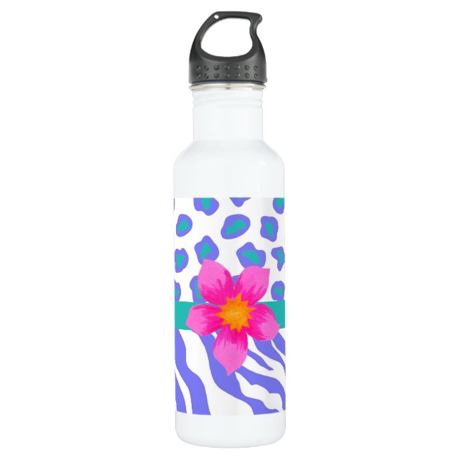 Lavender & White Zebra & Cheetah Pink Flower 710 Ml Water Bottle (Front)