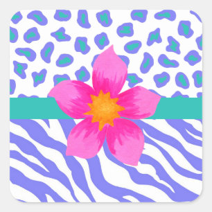 Lavender & White Zebra & Cheetah Pink Flower Square Sticker