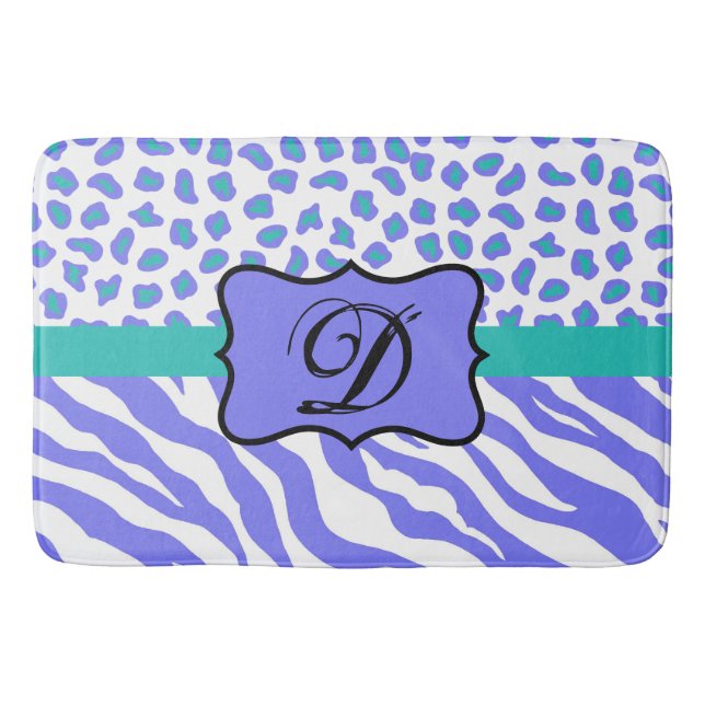 Lavender White Zebra Leopard Skin Monogram Initial Bath Mat (Front)