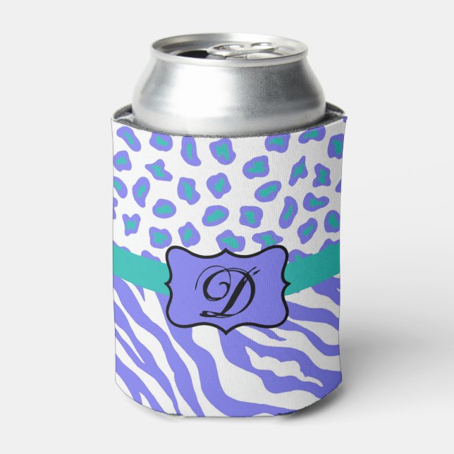 Lavender White Zebra Leopard Skin Monogram Initial Can Cooler (Can Front)