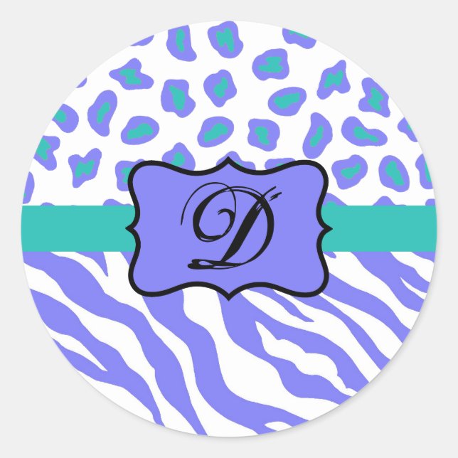 Lavender White Zebra Leopard Skin Monogram Initial Classic Round Sticker (Front)