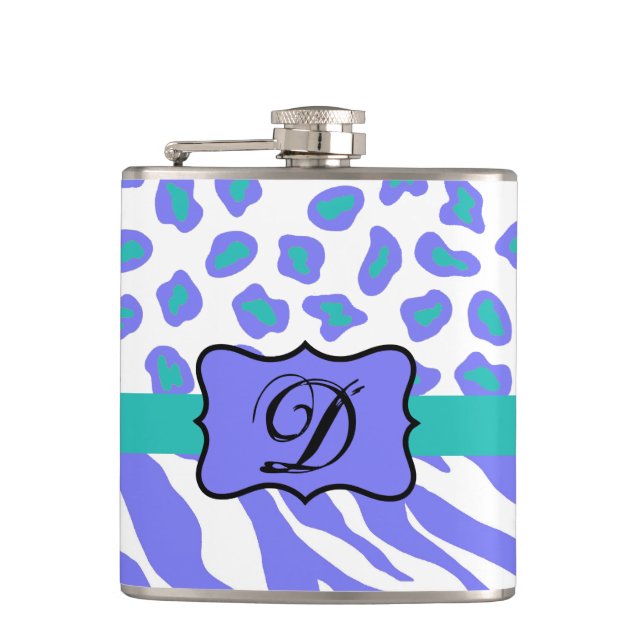 Lavender White Zebra Leopard Skin Monogram Initial Hip Flask (Front)
