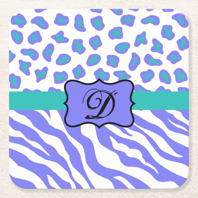 Lavender White Zebra Leopard Skin Monogram Initial Square Paper Coaster (Front)