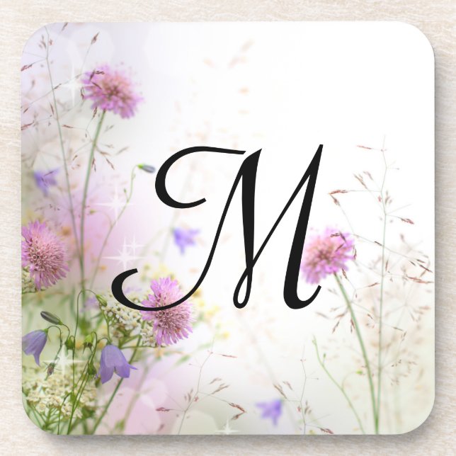Lavender Wild Flowers Monogram Drink Coaster (Front)