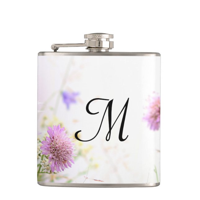 Lavender Wild Flowers Monogram Whiskey Flask (Front)