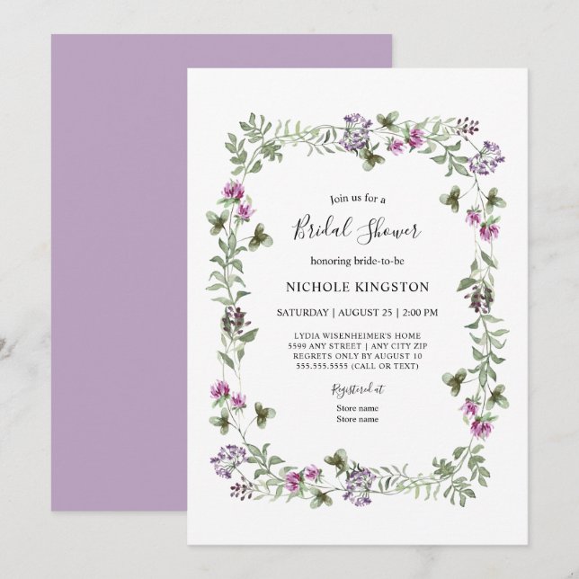 Lavender Wildflower Frame Bridal Shower Invitation (Front/Back)