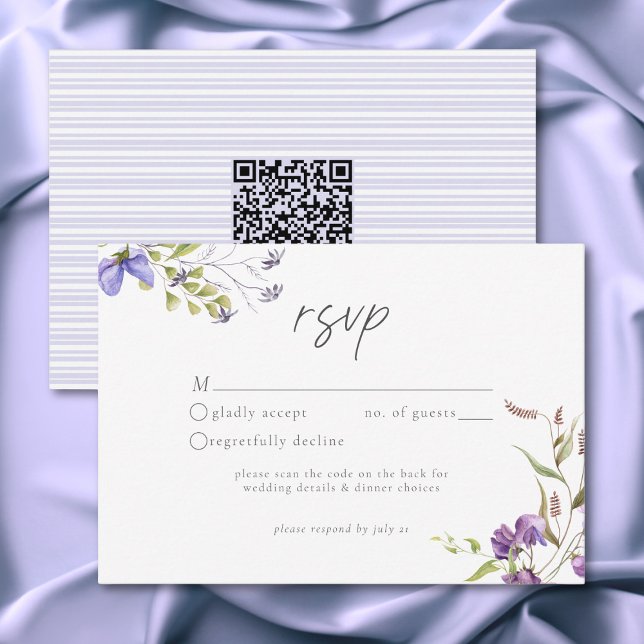 Lavender Wildflower Garden Romantic White Wedding RSVP Card (Lavender Wildflower Garden Romantic White Wedding QR Code RSVP Card)
