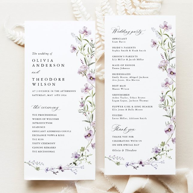Lavender Wildflower Wedding Ceremony Programme (Lavender Wildflower Wedding Program, Lilac Ceremony Program, Purple Floral Order of Wedding Party)