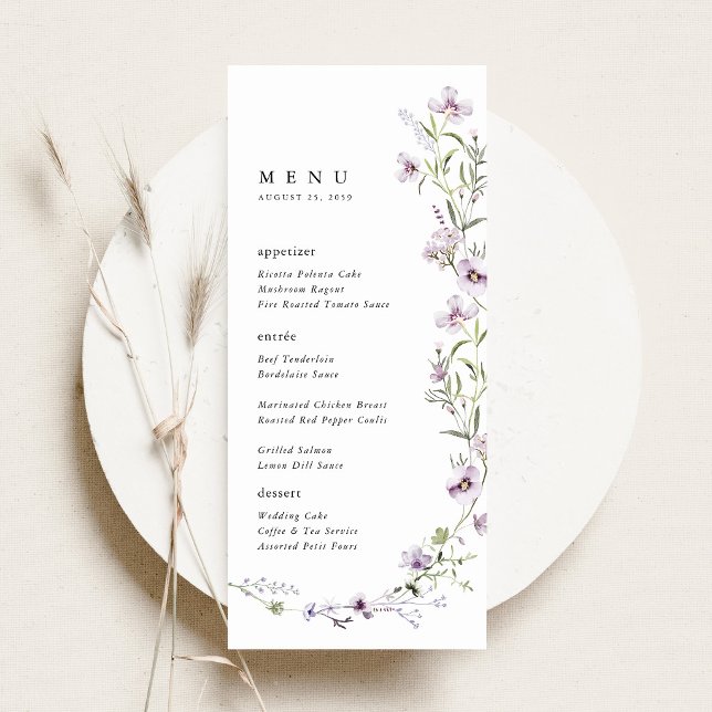 Lavender Wildflower Wedding Reception Dinner Menu (Lavender Wildflower Wedding Menu Card, Lilac Floral Reception Menu, Purple Botanical Wedding Menu)