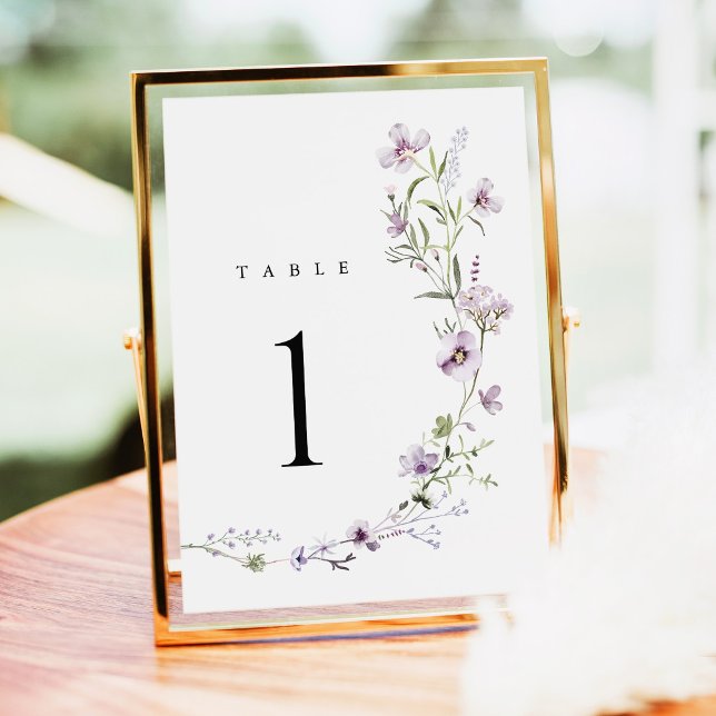 Lavender Wildflower Wedding Table Numbers (Lavender wildflower wedding table numbers, lilac purple floral wedding reception gold table decor)