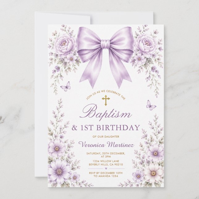  Lavender Wildflowers Bow Baptism & First Birthday Invitation (Front)