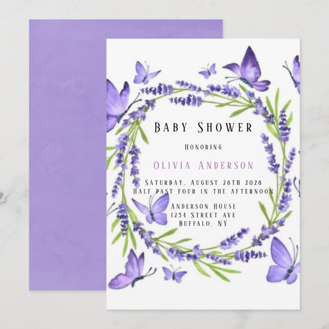 Lavender & Wisteria Butterflies Girl Baby Shower Invitation (Front/Back)