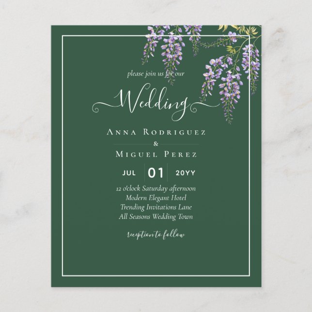 Lavender WISTERIA Emerald Green All-in-1 Wedding Flyer (Front)