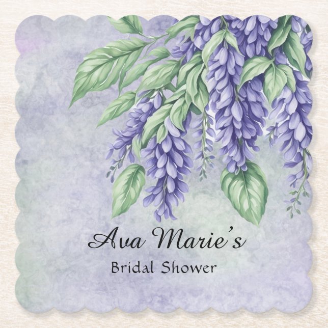 Lavender Wisteria Flowers Marble Bridal Shower Paper Coaster (Front)