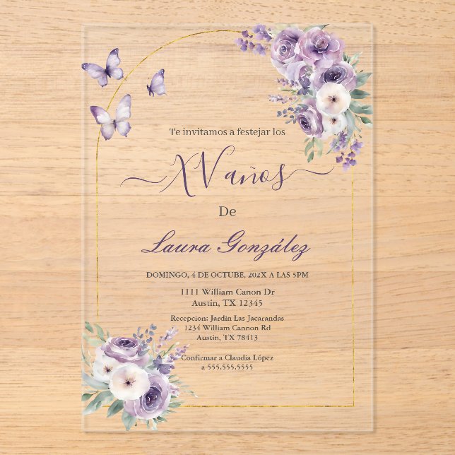 Lavender with butterflies Quinceanera spanish Acrylic Invitations (Front)