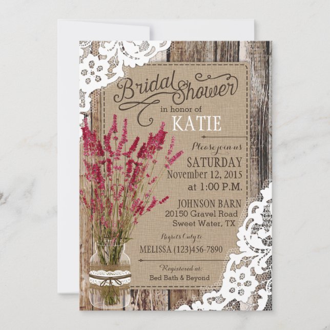 Lavender Wood Lace Rustic Bridal Shower Invitation (Front)