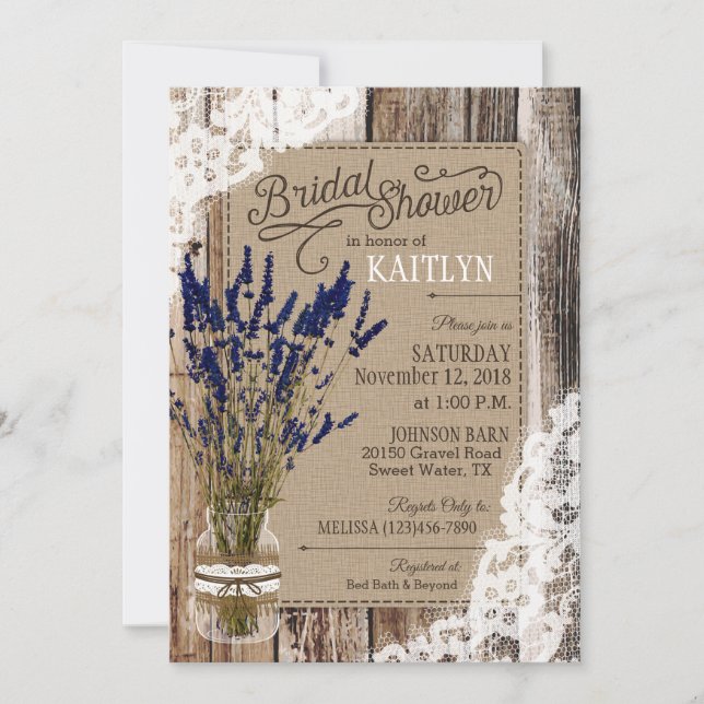 Lavender Wood Lace Rustic Bridal Shower Invitation (Front)