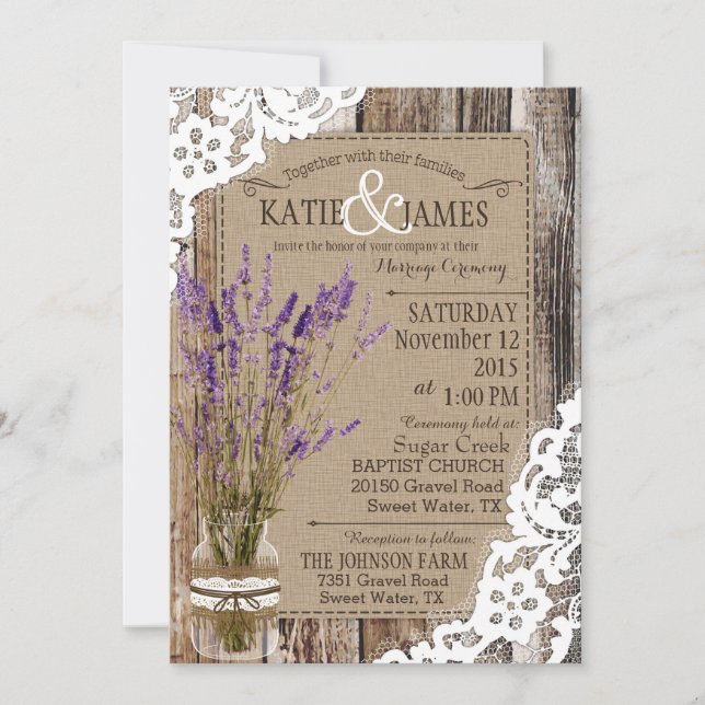 Lavender Wood Lace Rustic Wedding Invitation (Front)