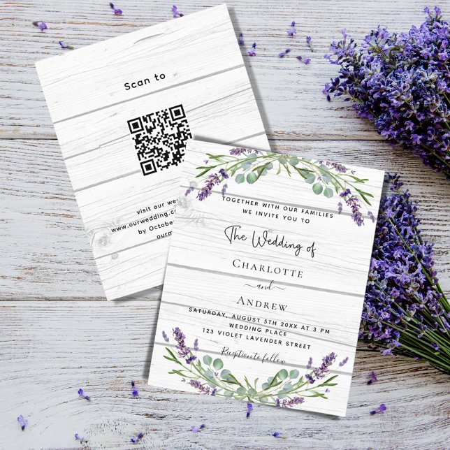 Lavender wood QR code budget wedding invitation (Creator Uploaded)