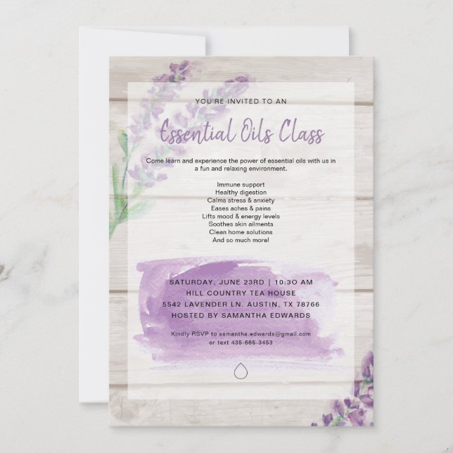Lavender & Wood Watercolor Essential Oils Class Invitation (Front)